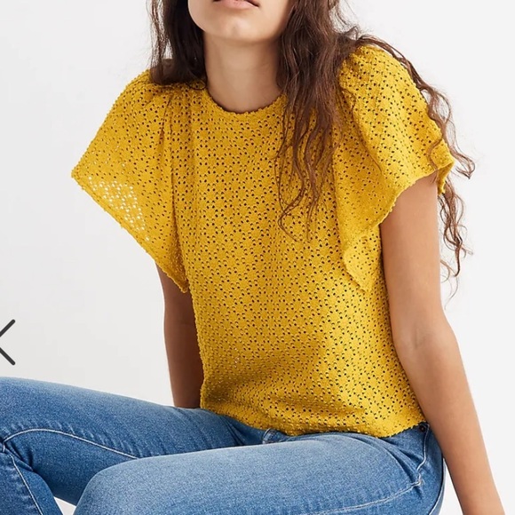 NWT! Madewell Texture & Thread Eyelet Flutter-Sleeve Top - Mustard Summer Yellow - Picture 1 of 10